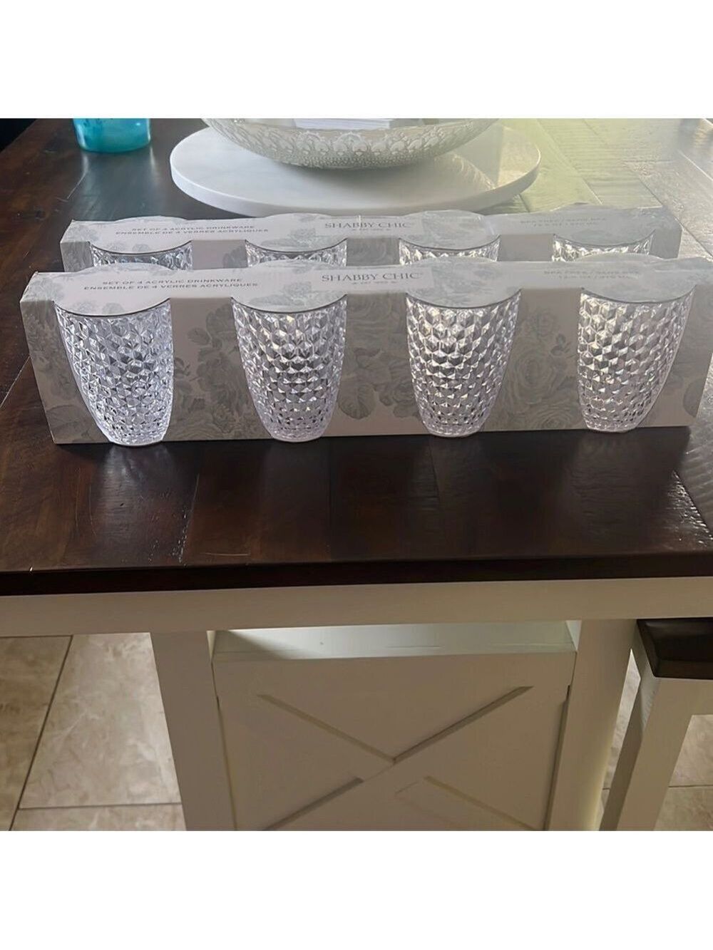 NWT Shabby Chic 2 sets of 4 acrylic drinkware 12.5 oz cups with hexagonal design